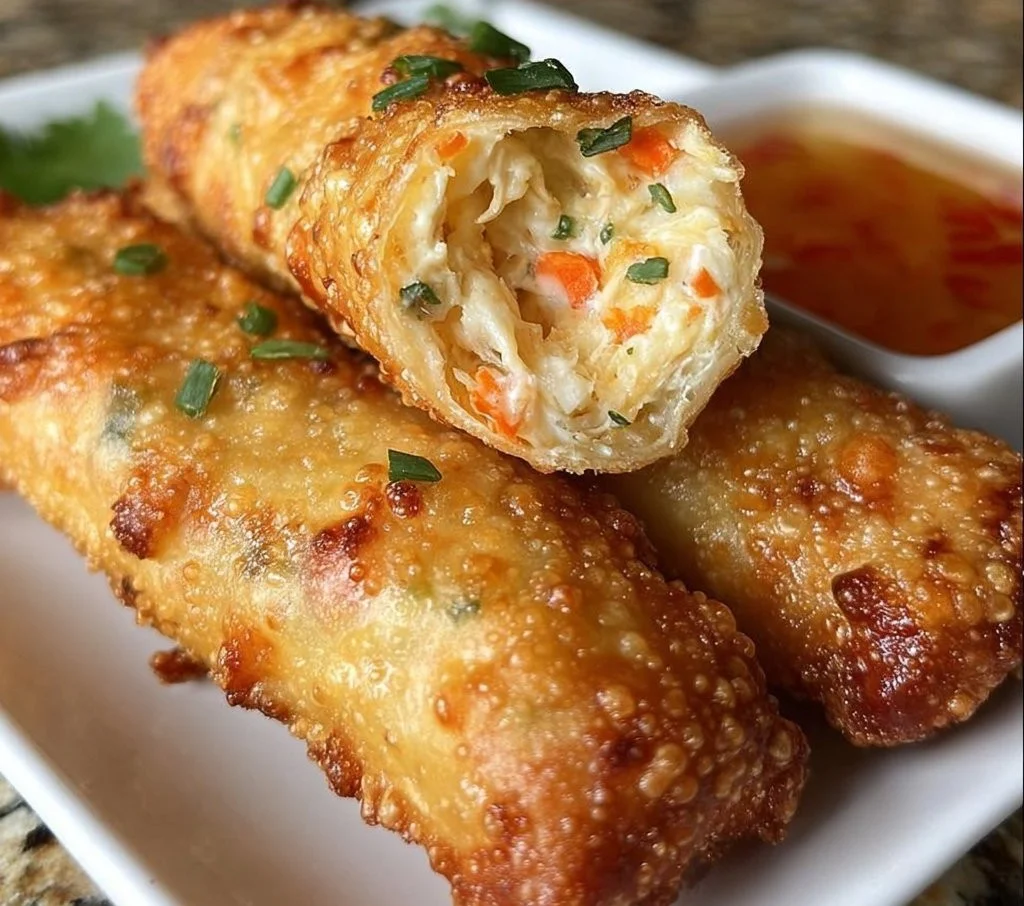 Crispy Crab Rangoon Egg Rolls served with dipping sauce