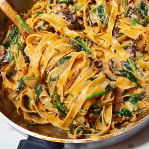 Creamy one-pan spinach mushroom pasta served with parmesan cheese
