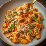 Delicious creamy tomato garlic pasta topped with fresh herbs and Parmesan cheese