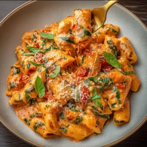 Delicious creamy tomato garlic pasta topped with fresh herbs and Parmesan cheese