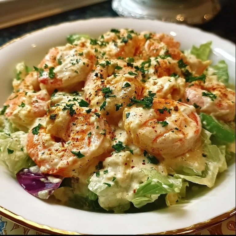 Creamy zesty shrimp remoulade salad garnished with herbs and spices