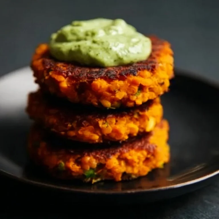 Crispy sweet potato and red lentil patties served with avocado cilantro sauce