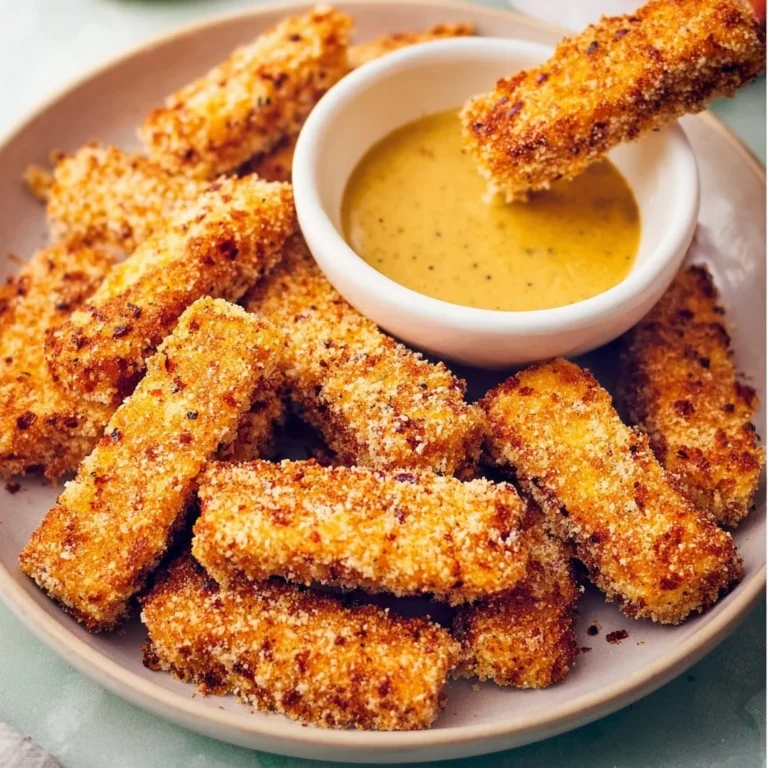 Crispy tofu sticks served with honey mustard sauce, made in an air fryer
