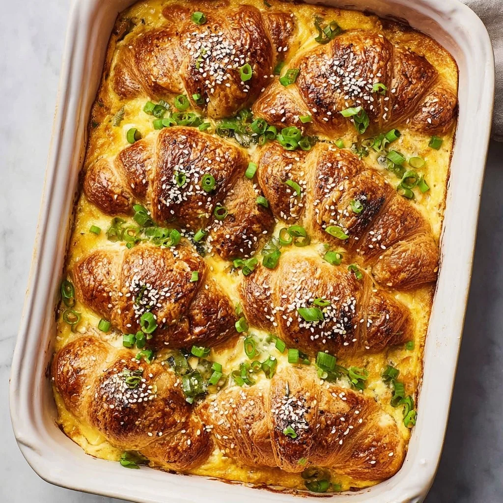 Delicious croissant casserole topped with cheese and herbs for breakfast