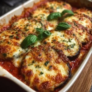 Delicious Eggplant Parmesan Bake with layers of cheese and roasted eggplant