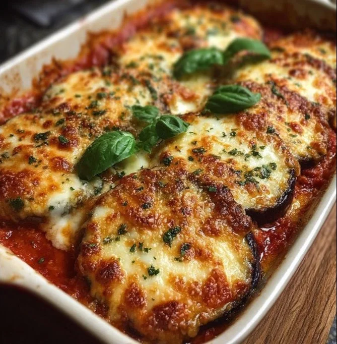 Delicious Eggplant Parmesan Bake with layers of cheese and roasted eggplant