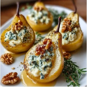 Elegant blue cheese stuffed pears served on a platter as a gourmet appetizer