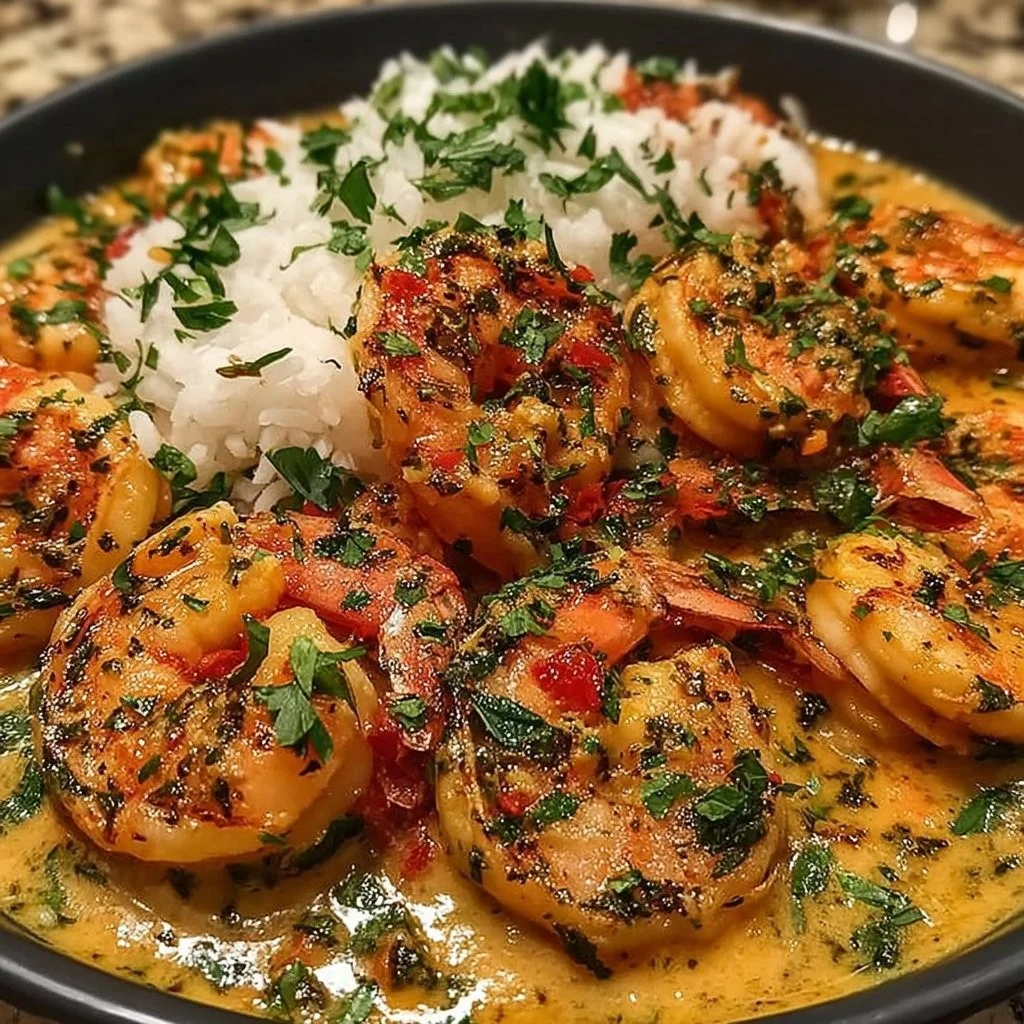 Delicious coconut curry shrimp garnished with fresh herbs and served in a bowl.