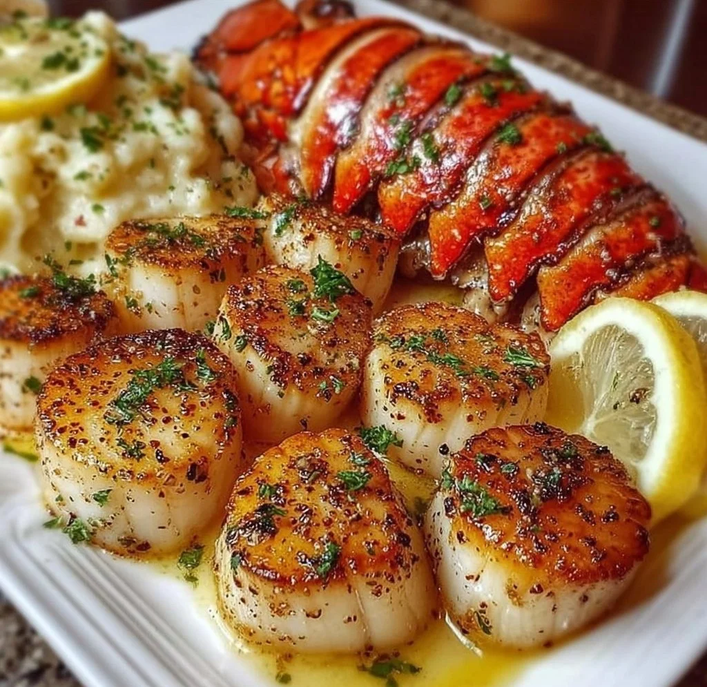 Delicious Garlic Butter Lobster and Scallops dish on a plate