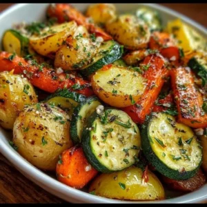 Dish of Garlic Herb Roasted Veggie Medley with colorful and seasoned vegetables