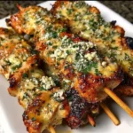 Garlic Parmesan Chicken skewers cooked to perfection on a grill.