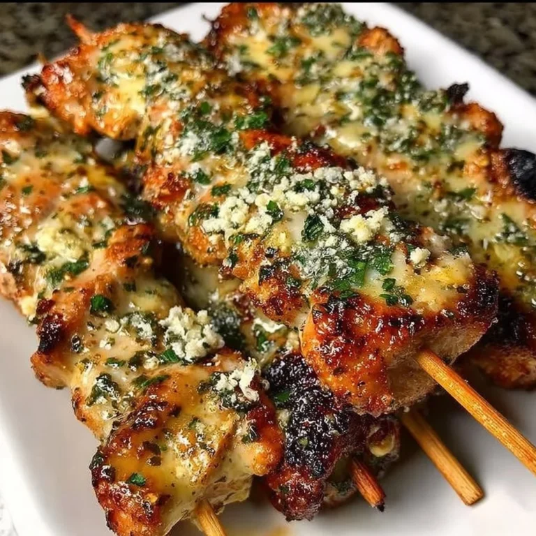 Garlic Parmesan Chicken skewers cooked to perfection on a grill.