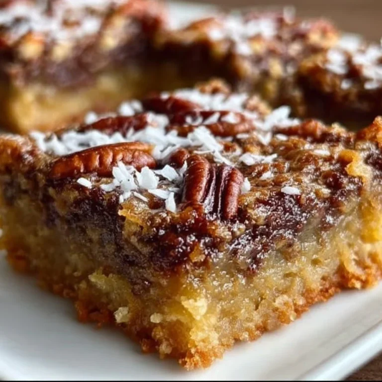Delicious German chocolate pecan pie bars on a plate, garnished and ready to serve.
