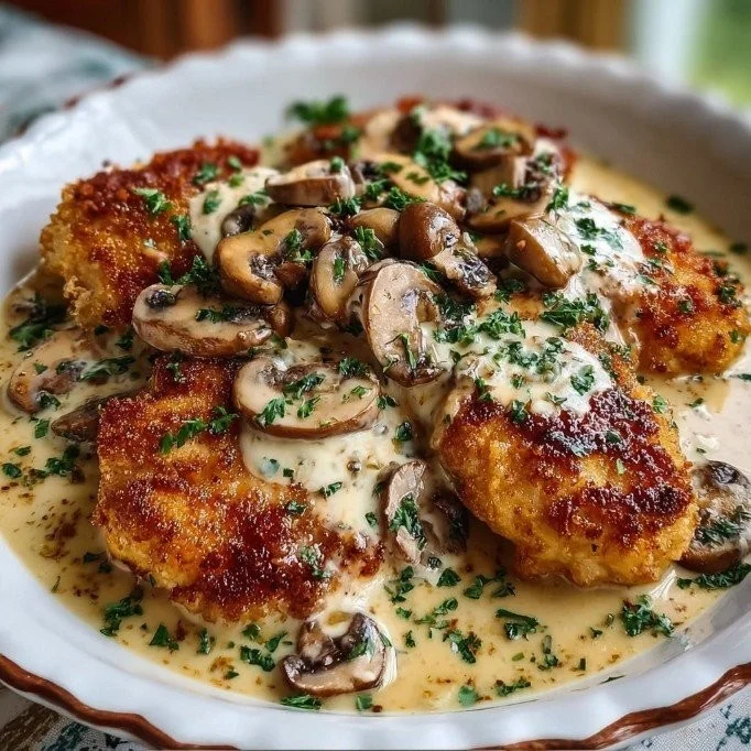Plate of golden crispy chicken with Parmesan mushroom sauce