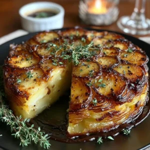 Golden Potato & Balsamic Tart served on a wooden board