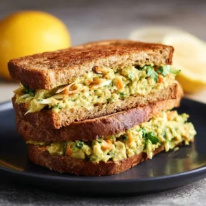 Green Goddess Chickpea Sandwiches served on a plate with fresh herbs and veggies.