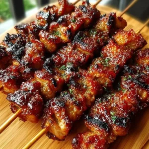 Grilled Thai coconut chicken skewers served on a plate with herbs and sauce