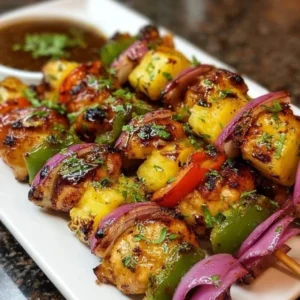 Grilled Hawaiian Chicken Kebabs with colorful vegetables and a tropical glaze