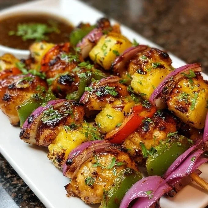 Grilled Hawaiian Chicken Kebabs with colorful vegetables and a tropical glaze
