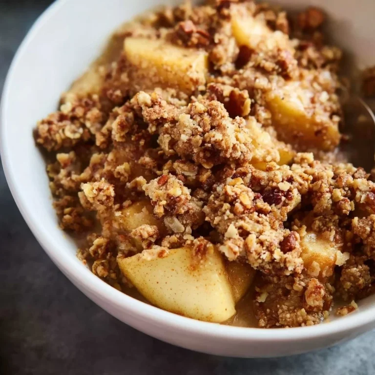 A bowl of healthy breakfast apple crumble topped with nuts and fruits