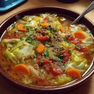Bowl of homemade cabbage soup with fresh vegetables
