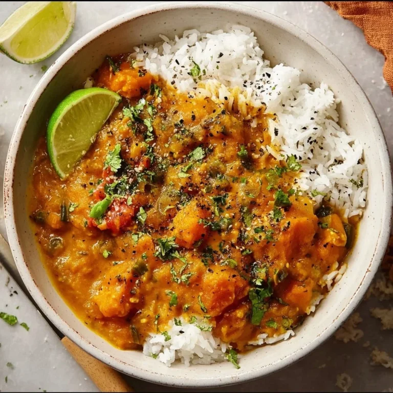 Bowl of Indian Pumpkin Curry with spices and garnishes