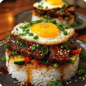 Delicious Korean BBQ Beef Rice Stack served with flavorful ingredients