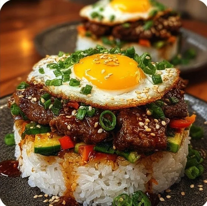 Delicious Korean BBQ Beef Rice Stack served with flavorful ingredients