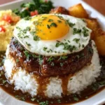 Delicious Loco Moco with rice, hamburger patty, fried egg, and gravy served on a plate.