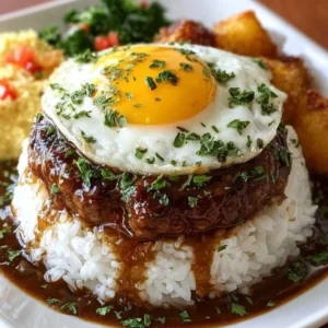 Delicious Loco Moco with rice, hamburger patty, fried egg, and gravy served on a plate.