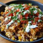 One Pot Chicken Burrito Bowl with chicken, rice, beans, and fresh toppings.