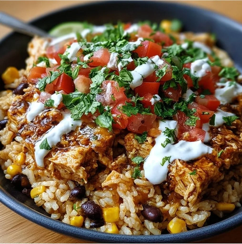 One Pot Chicken Burrito Bowl with chicken, rice, beans, and fresh toppings.