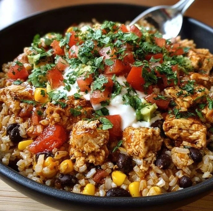 Delicious One Pot Chicken Burrito Bowl with fresh ingredients and vibrant colors