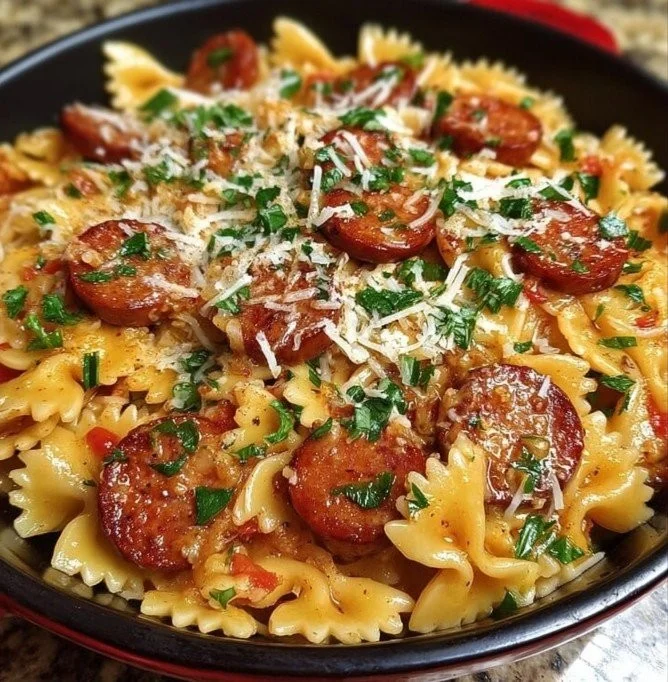 Delicious One Pot Kielbasa Pasta cooked in a single pot.