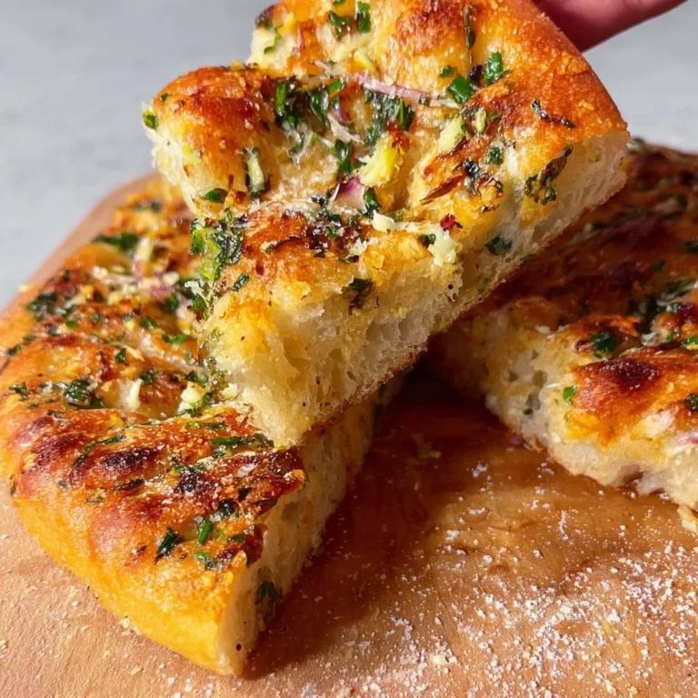 Golden pan-fried garlic focaccia bread with herbs and seasoning