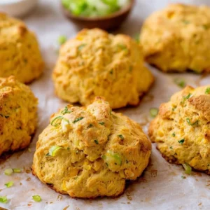 Homemade plant-based corn biscuits on a rustic wooden table.