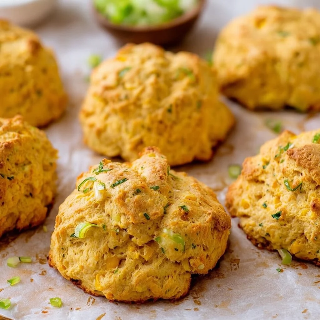 Homemade plant-based corn biscuits on a rustic wooden table.