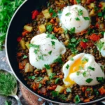 Poached eggs on lentil hash served on a plate