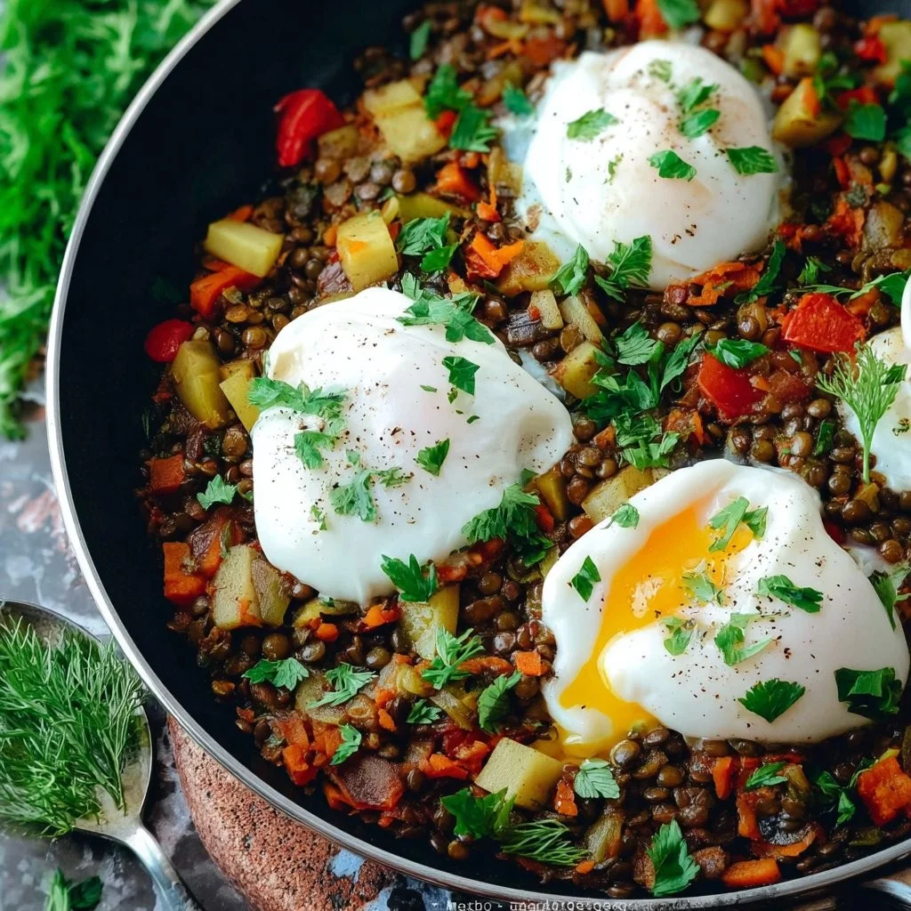 Poached eggs on lentil hash served on a plate