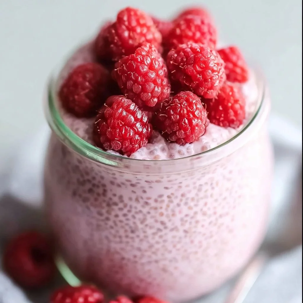 Delicious Raspberry Chia Pudding topped with fresh raspberries and maple syrup.