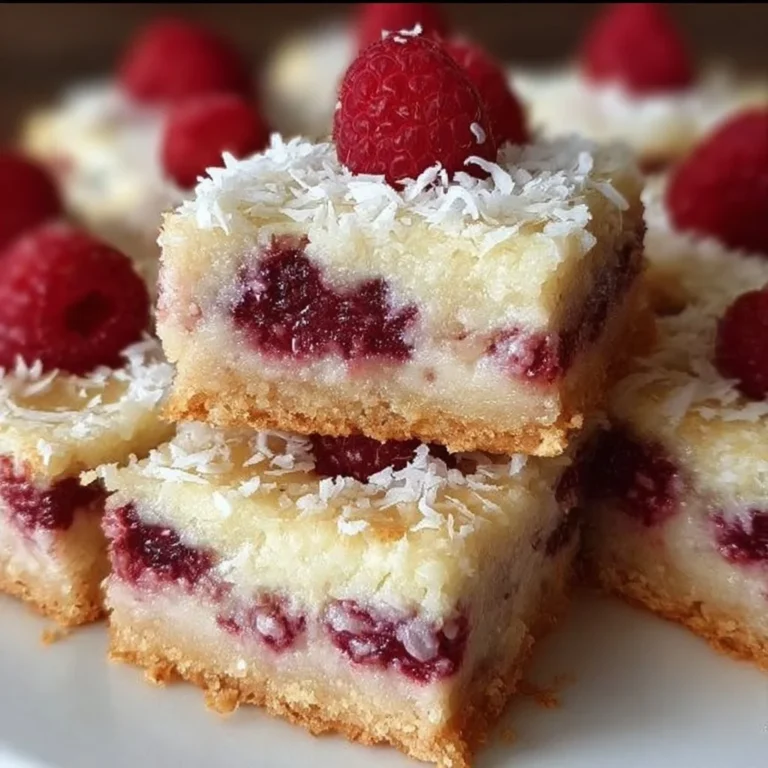 Delicious Raspberry Coconut Bars topped with fresh raspberries and coconut flakes.