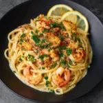 Delicious Seafood Carbonara served in a white bowl with fresh herbs