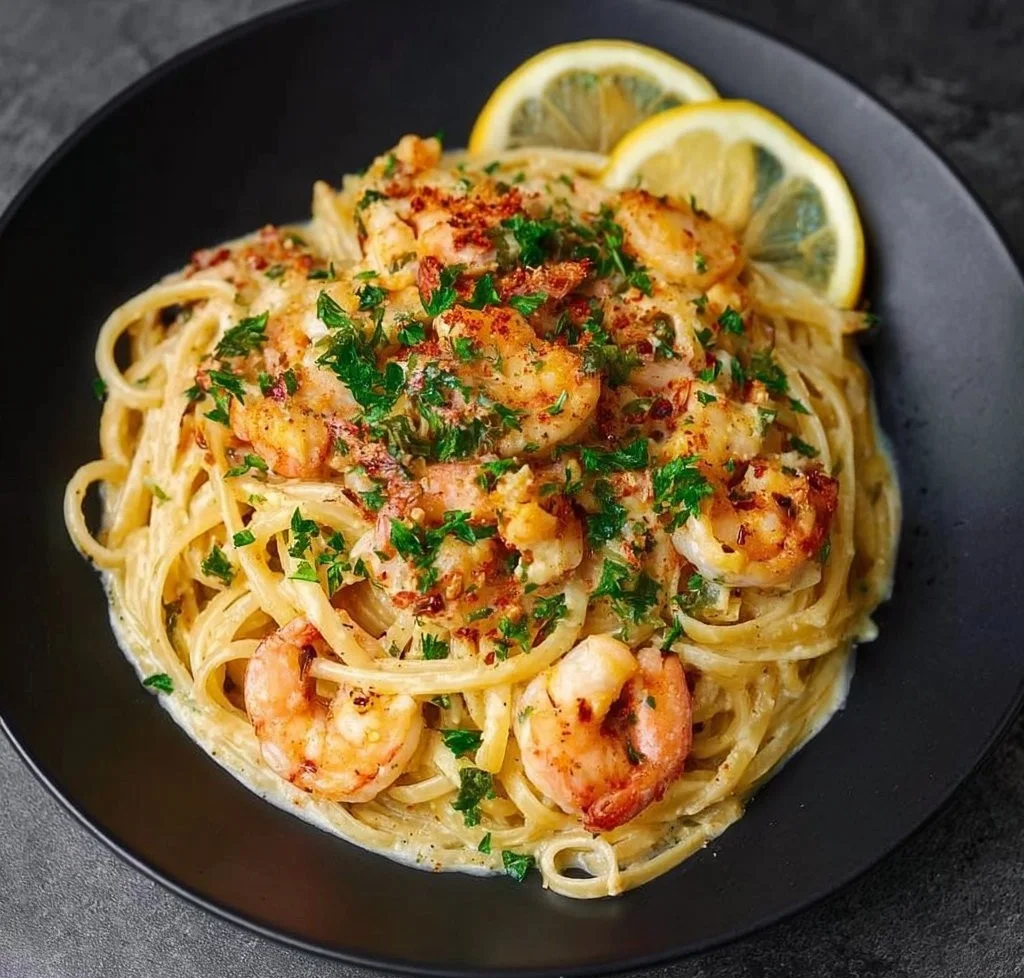Delicious Seafood Carbonara served in a white bowl with fresh herbs