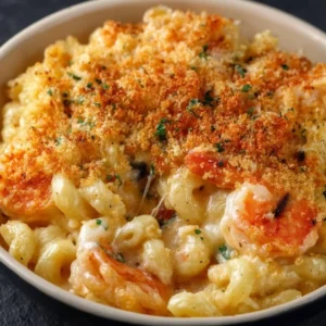 Creamy Seafood Mac and Cheese dish with seafood toppings