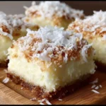 Skinny coconut cheesecake bars topped with shredded coconut and served on a white plate.