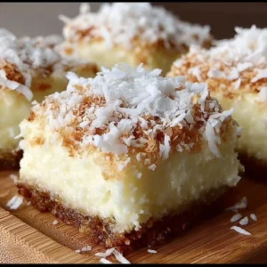 Skinny coconut cheesecake bars topped with shredded coconut and served on a white plate.