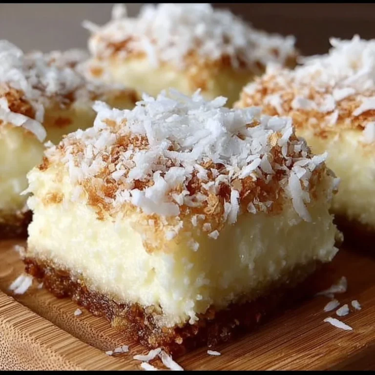 Skinny coconut cheesecake bars topped with shredded coconut and served on a white plate.