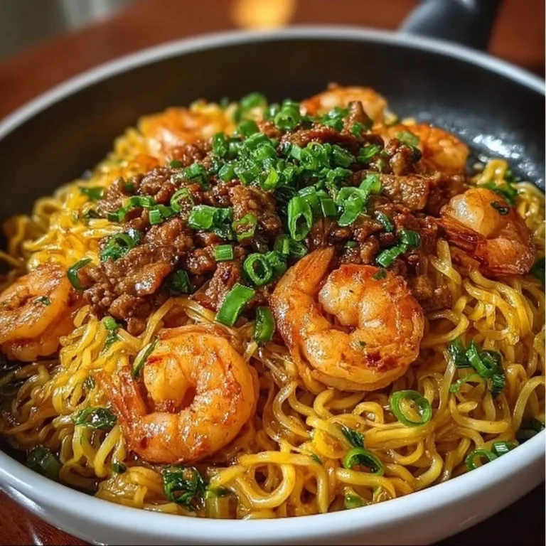 Delicious Spicy Garlic Shrimp served with beef noodles on a vibrant plate