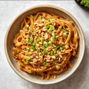 Bowl of spicy peanut butter noodles garnished with vegetables and herbs