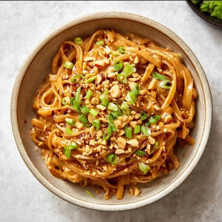 Bowl of spicy peanut butter noodles garnished with vegetables and herbs